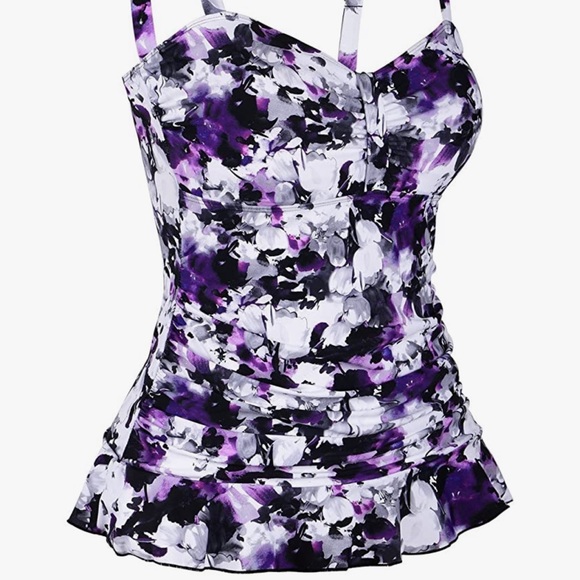 Hilor Women's 50's Retro Ruched Tankini Swimsuit Top with Ruffle Hem. Size 8 - Picture 2 of 7